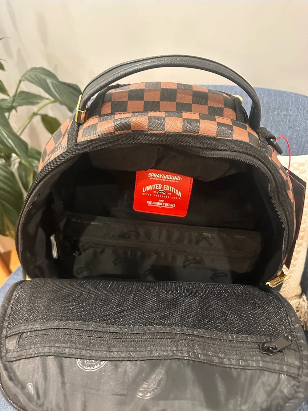 Sprayground Brown Checkerboard Backpack with Orange Tiger Patch